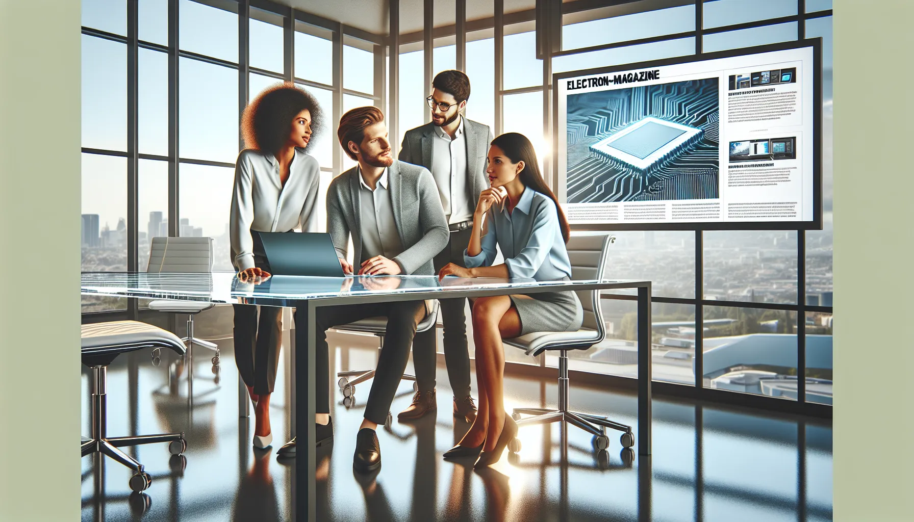 diverse team discussing electronics in a modern workspace.