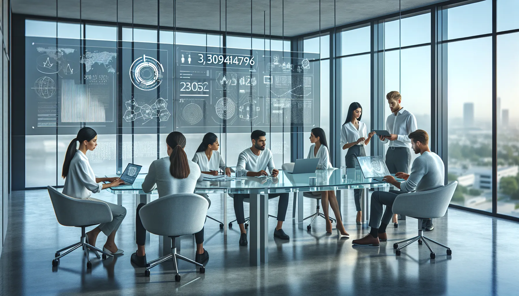 diverse team discussing technology applications with a large numeric code.