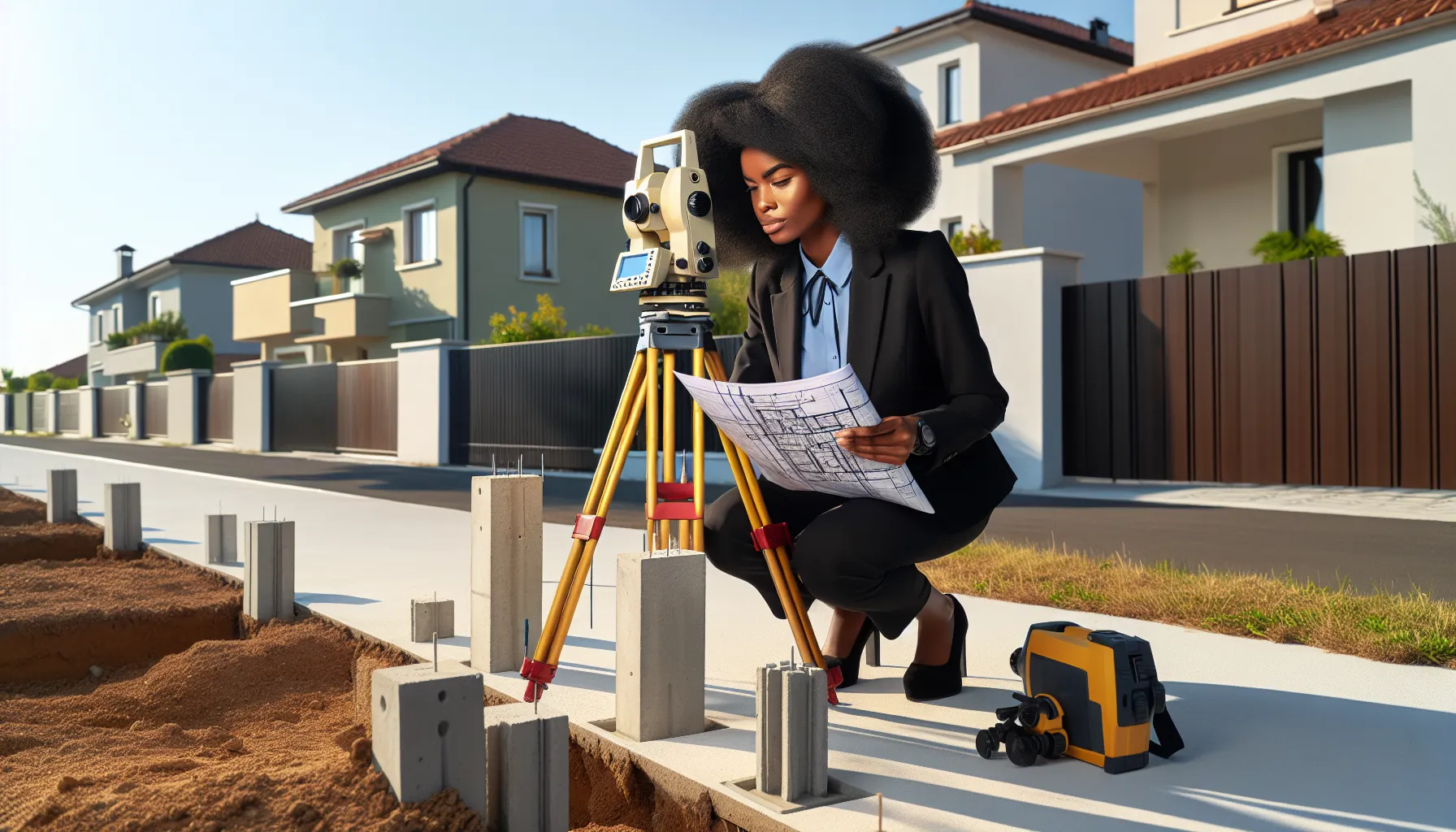Surveyor examining cadastral map at marked property boundary with measuring equipment