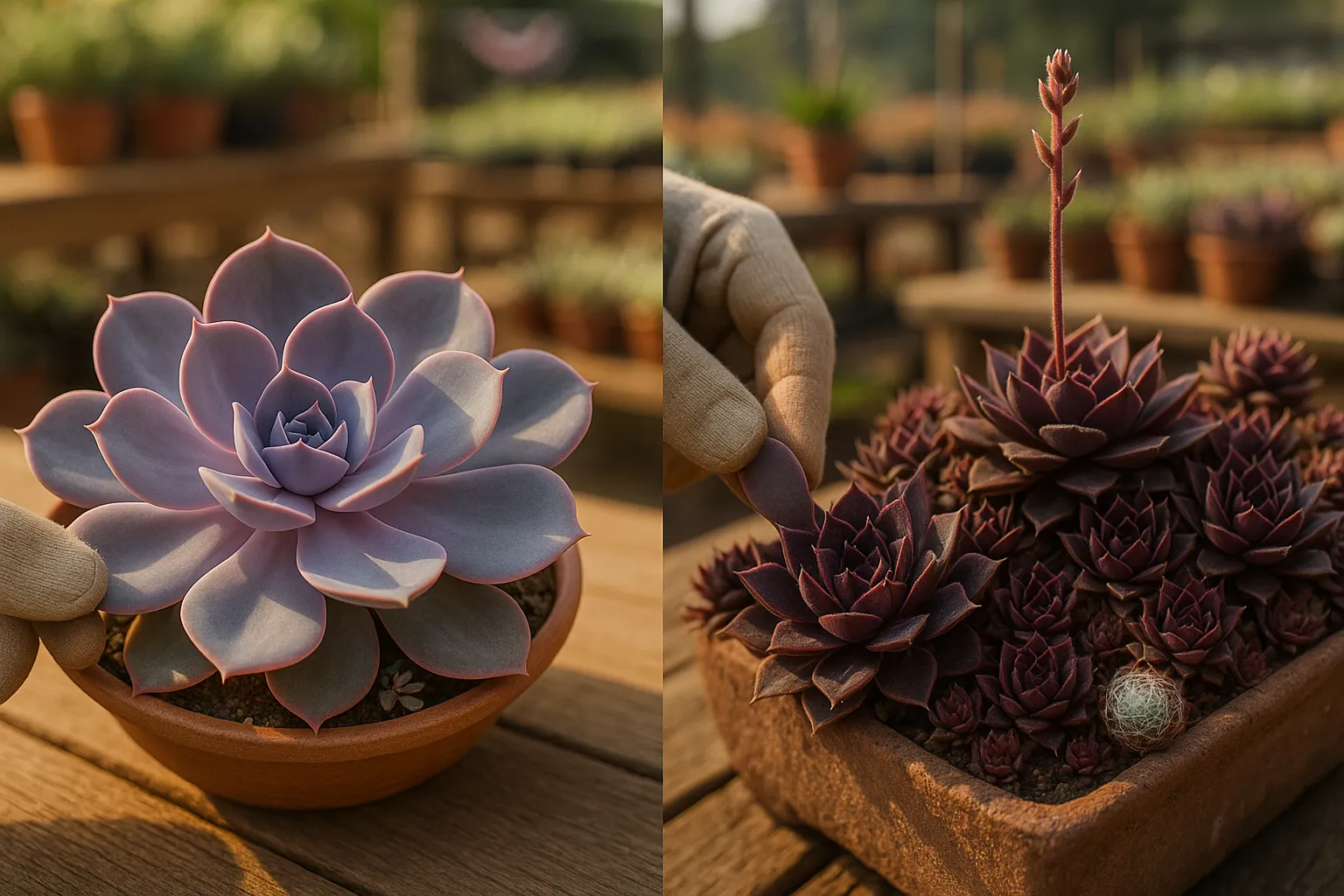Close-up comparison of Echeveria and Sempervivum rosettes on a nursery bench.
