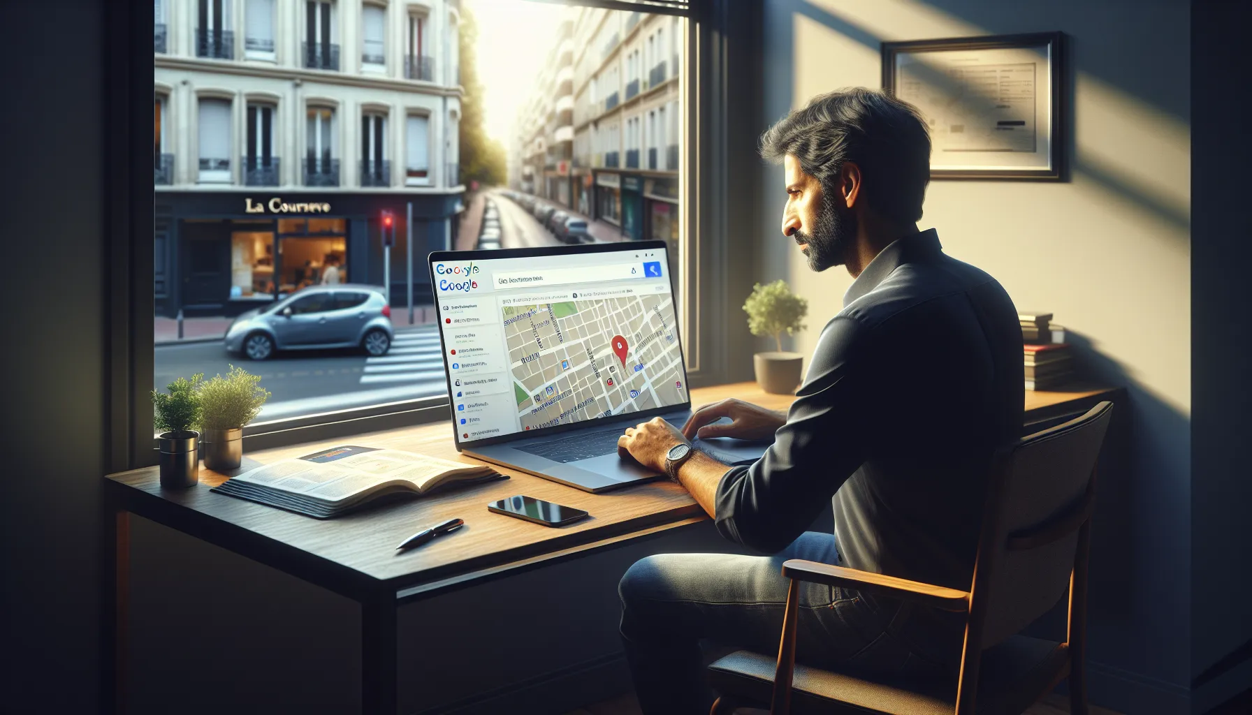 Business owner in La Courneuve analyzing Google search and map results on laptop.