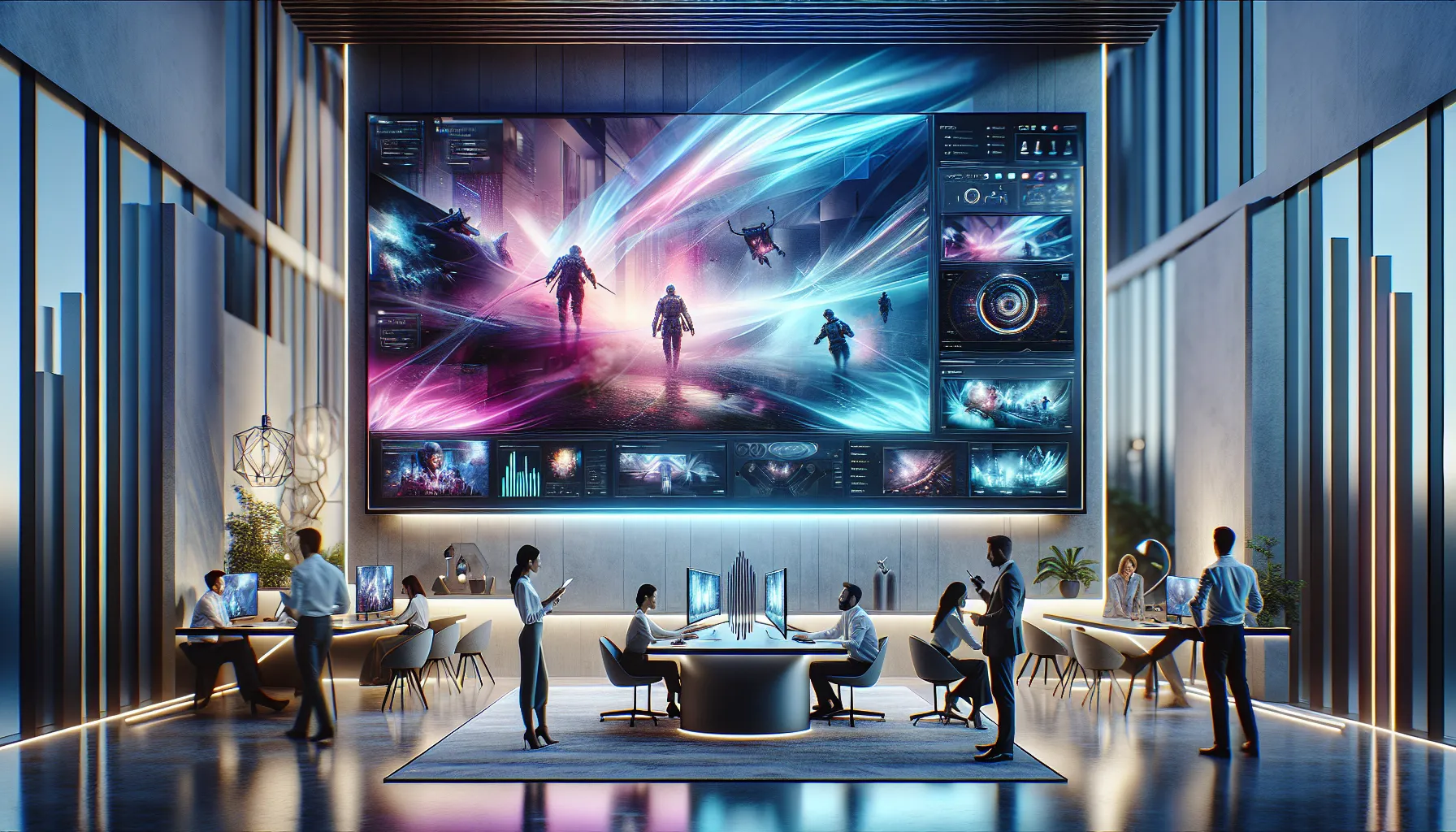 modern workspace with hybrid display technology and diverse professionals.