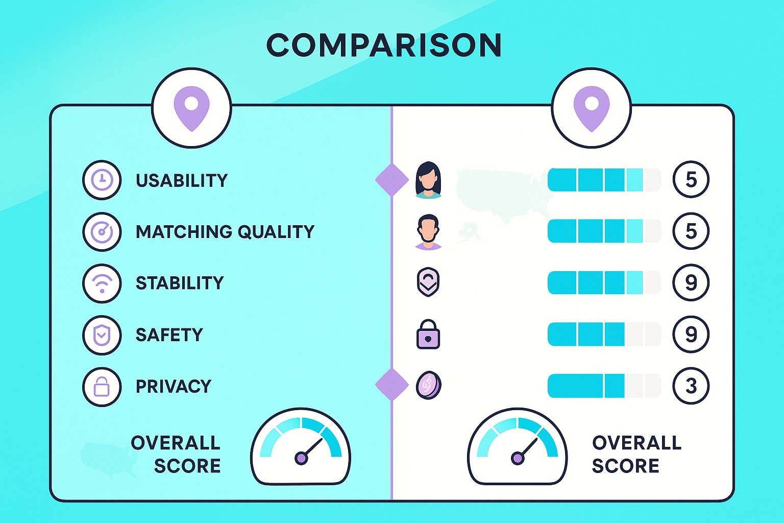 Two-column visual comparison of six weighted app evaluation criteria.