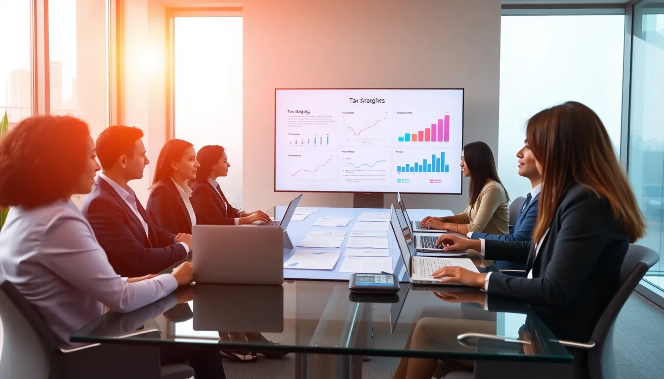 diverse financial advisors discussing tax optimization strategies.