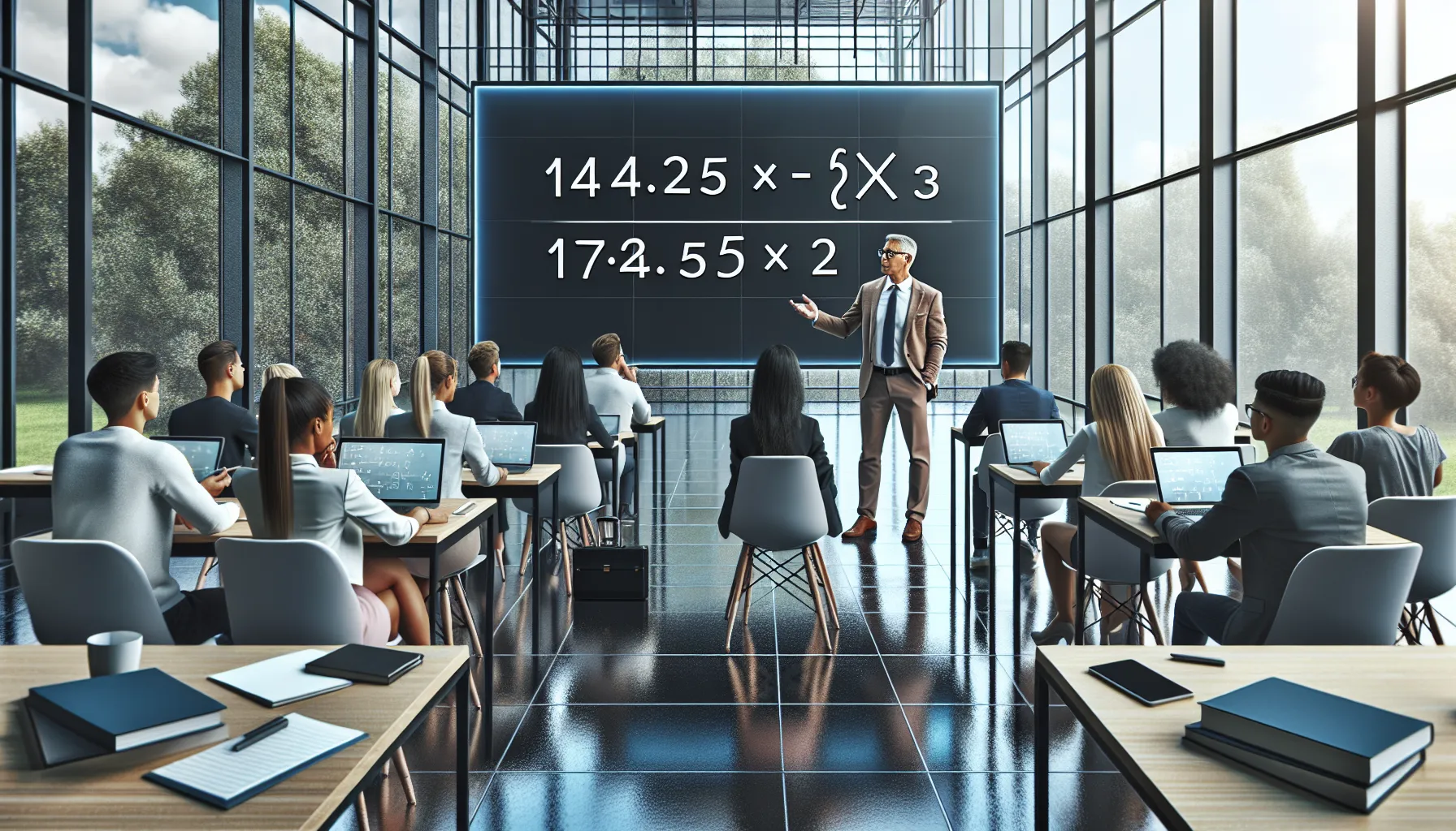 Instructor teaching multiplication in a modern classroom with attentive students.
