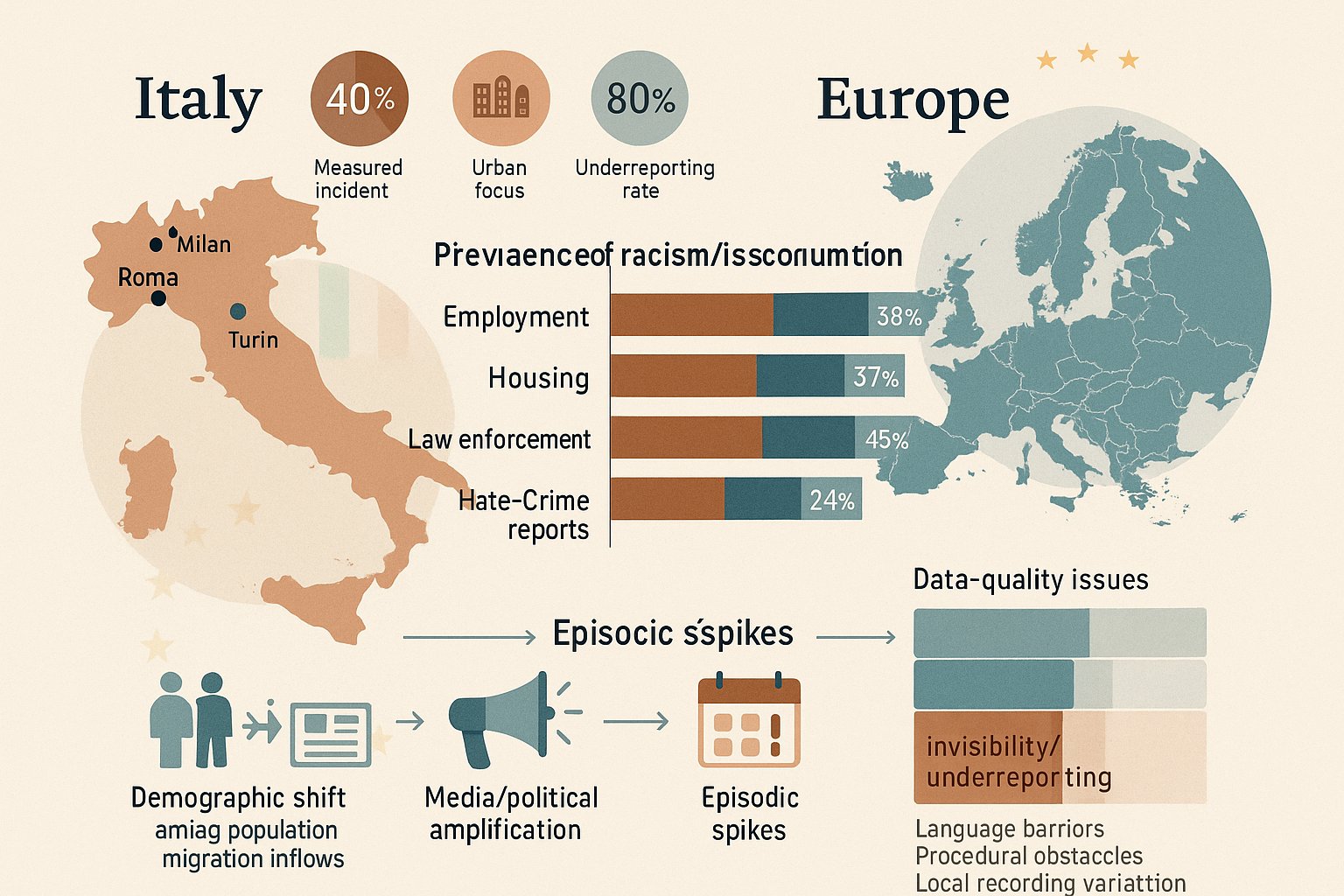 Infografica comparativa del razzismo in Italia versus Europa con mappe e grafici a settori.