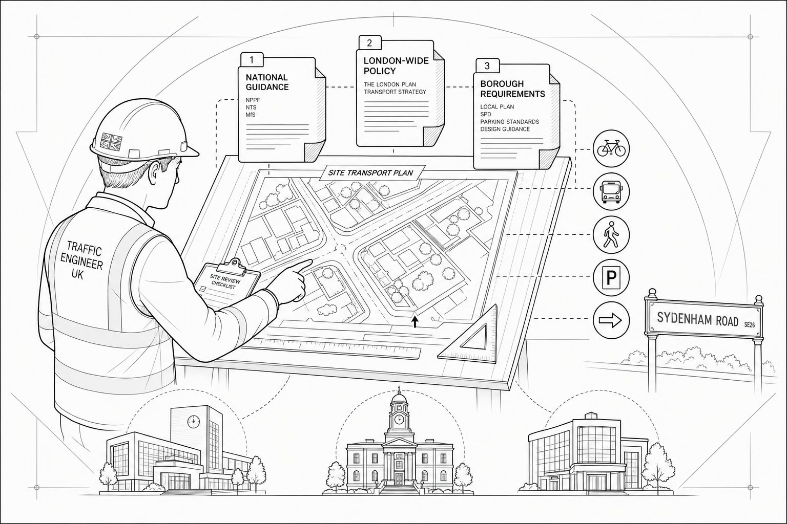 Traffic engineer reviewing transport planning documents and a site access map.