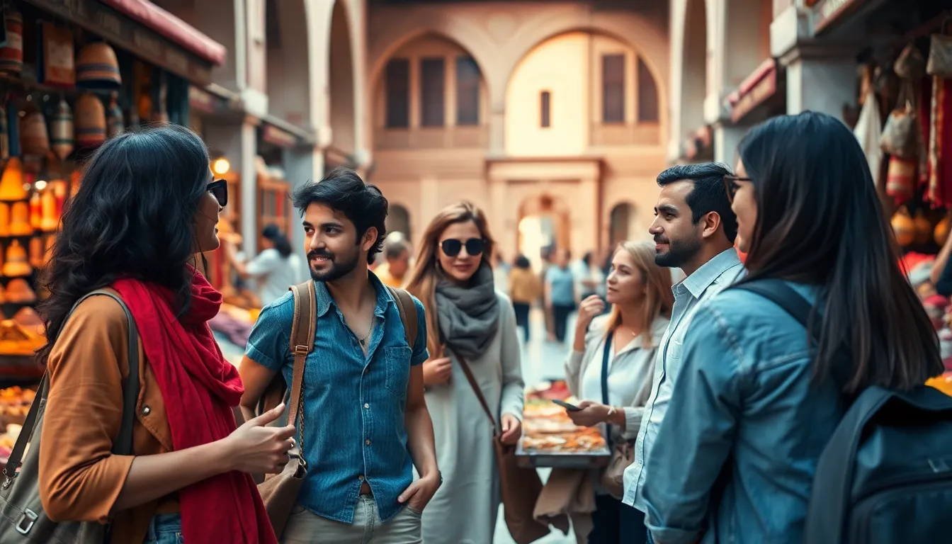 diverse travelers exploring a vibrant local market in Marrakech.