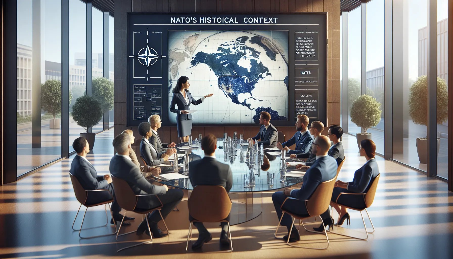 diverse professionals discussing NATO's historical context in a modern conference room.