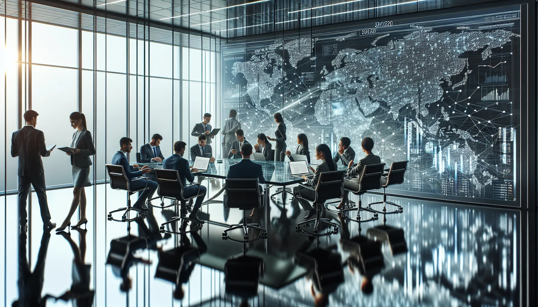 diverse professionals discussing data in a modern conference room.