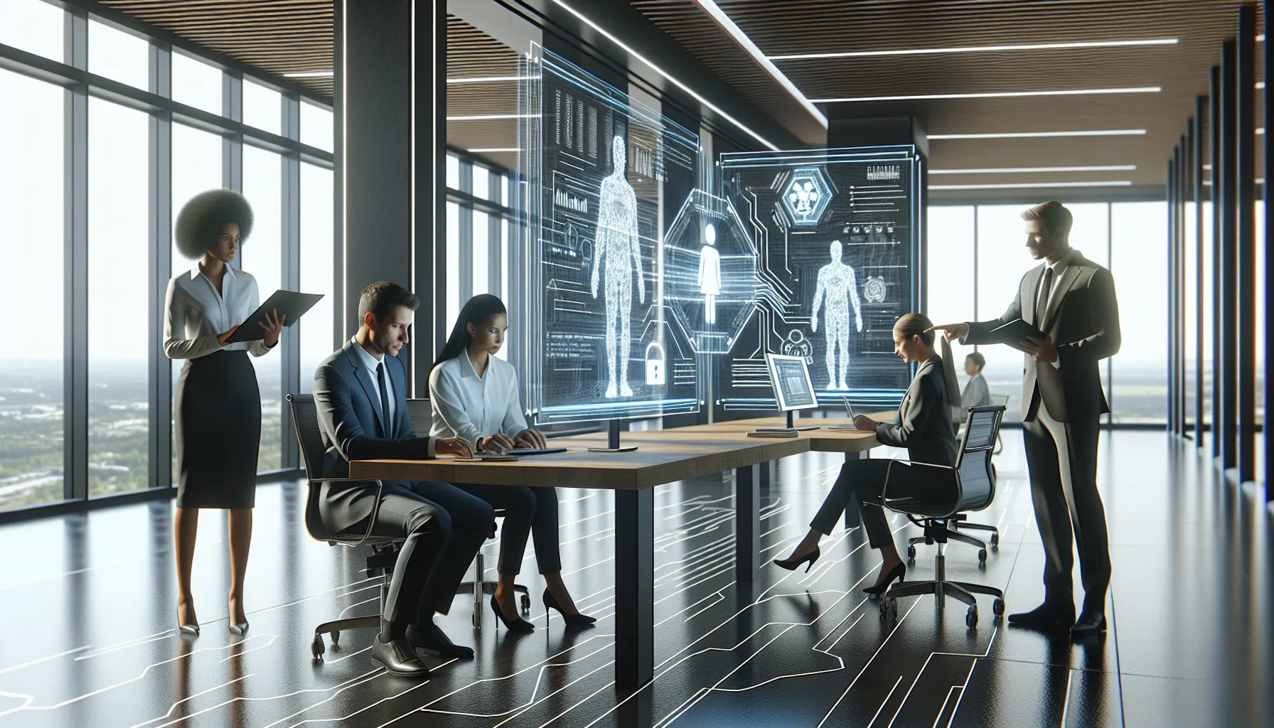 diverse professionals working with Gfxrobotection AI software in an office setting.