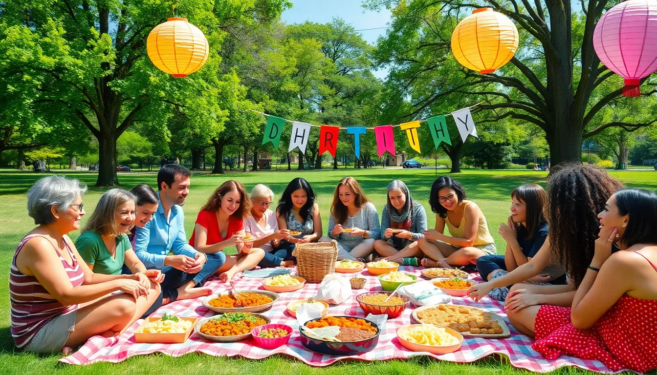 community gathering in a park for a potluck event.