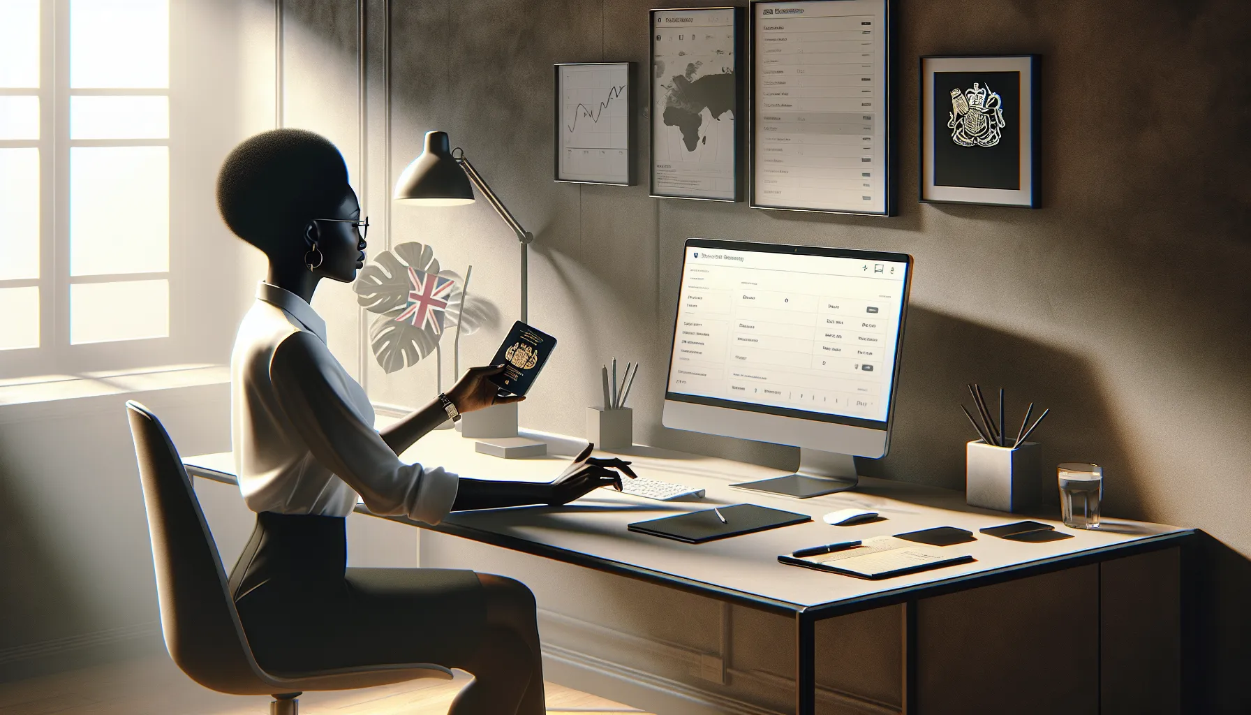 Professional at desk with laptop and UK passport, setting up cryptocurrency trading account.