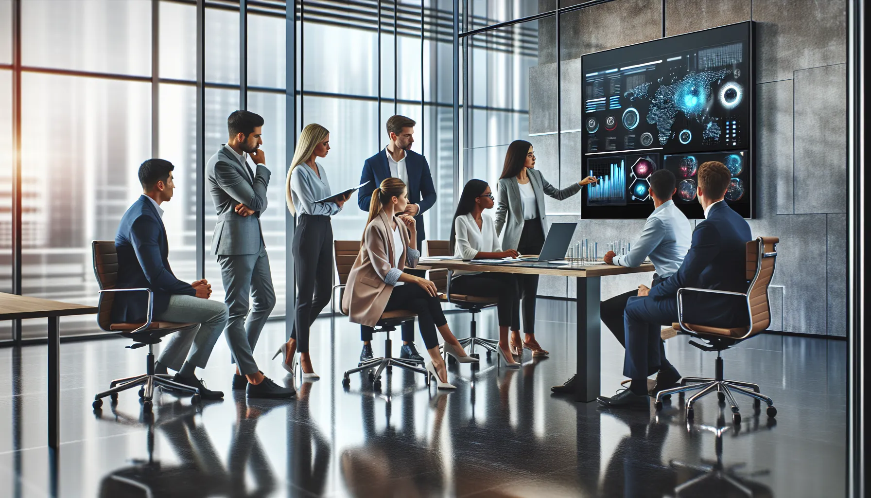 diverse team discussing benefits of Alena_Wks in a modern office.