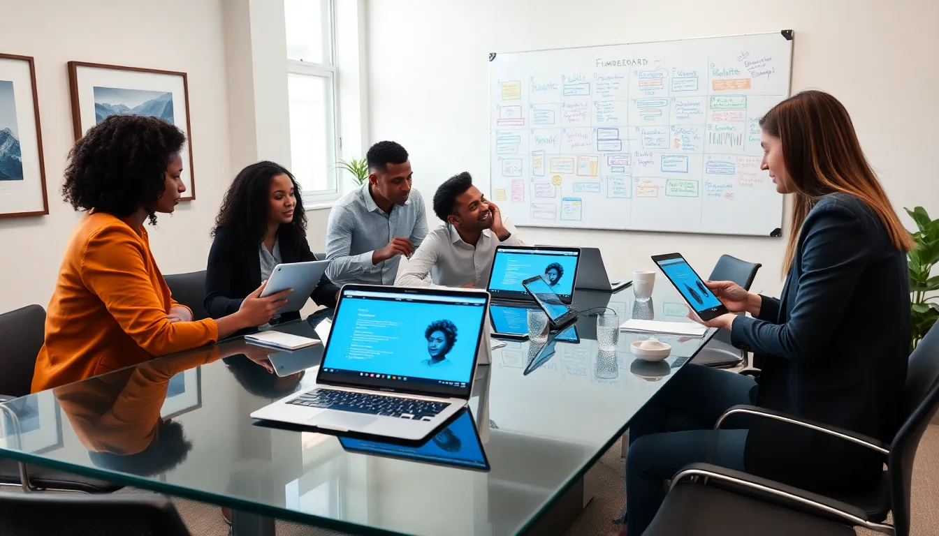 diverse team collaborating in a digital workspace with Fumbleboard.
