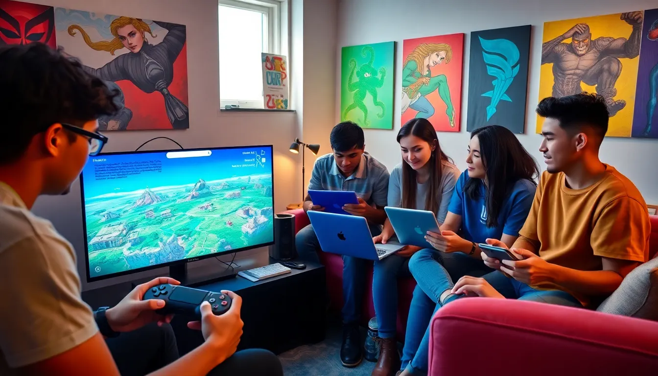 diverse gamers collaborating in a modern room with PlayStation consoles.