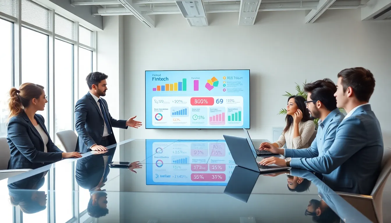 diverse team discussing fintech mobile app development in a modern office.