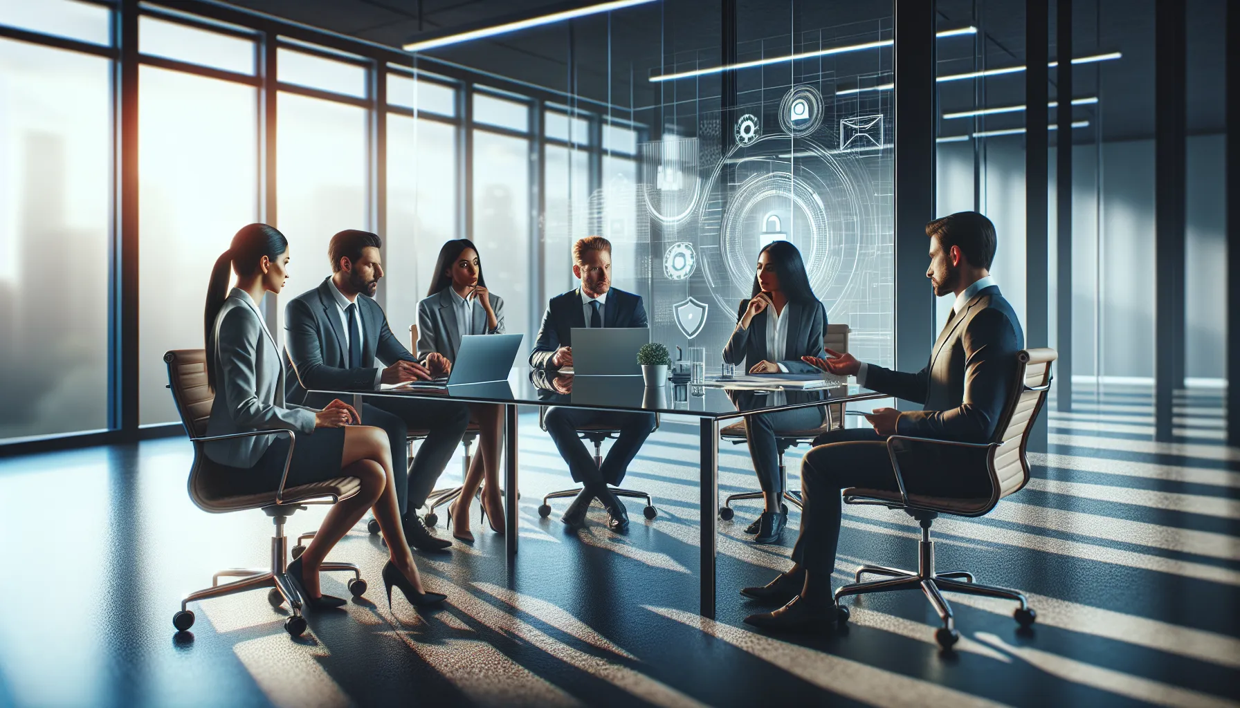 diverse team discussing cybersecurity strategies in a modern office.