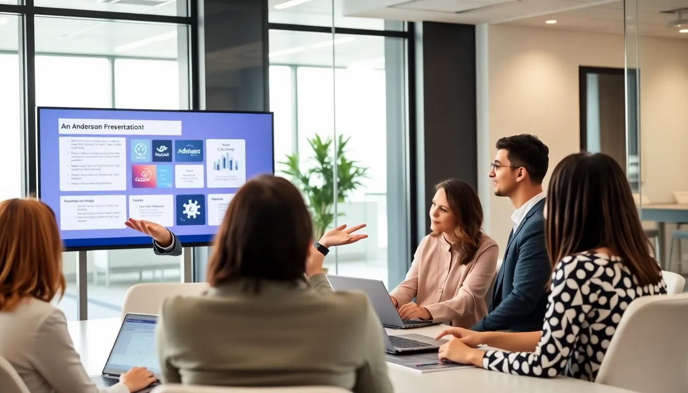 Ann Anderson presenting to a diverse team in a modern office.