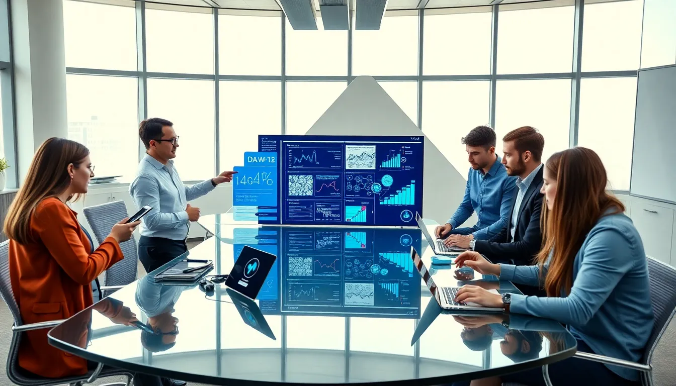 diverse professionals collaborating on advanced technology in a modern office.