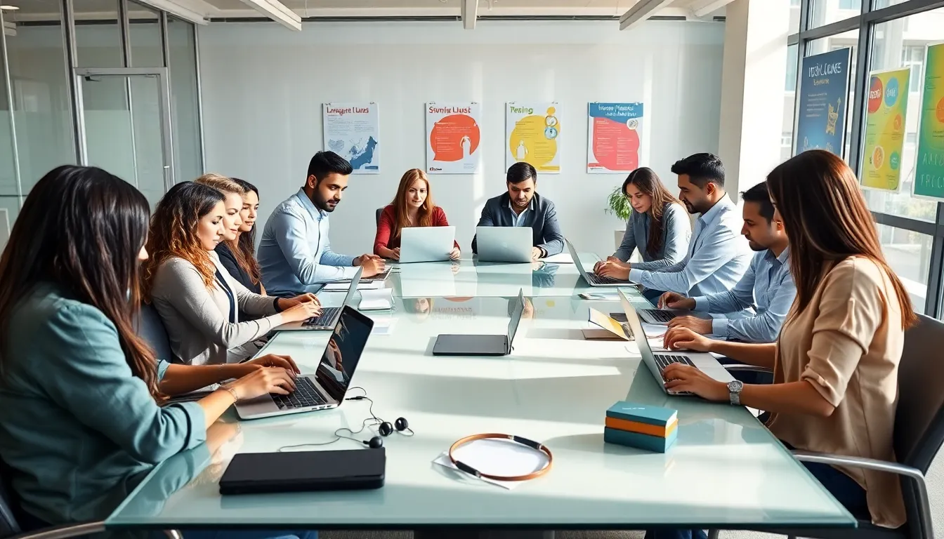 professionals engaged in online language learning in a modern office.