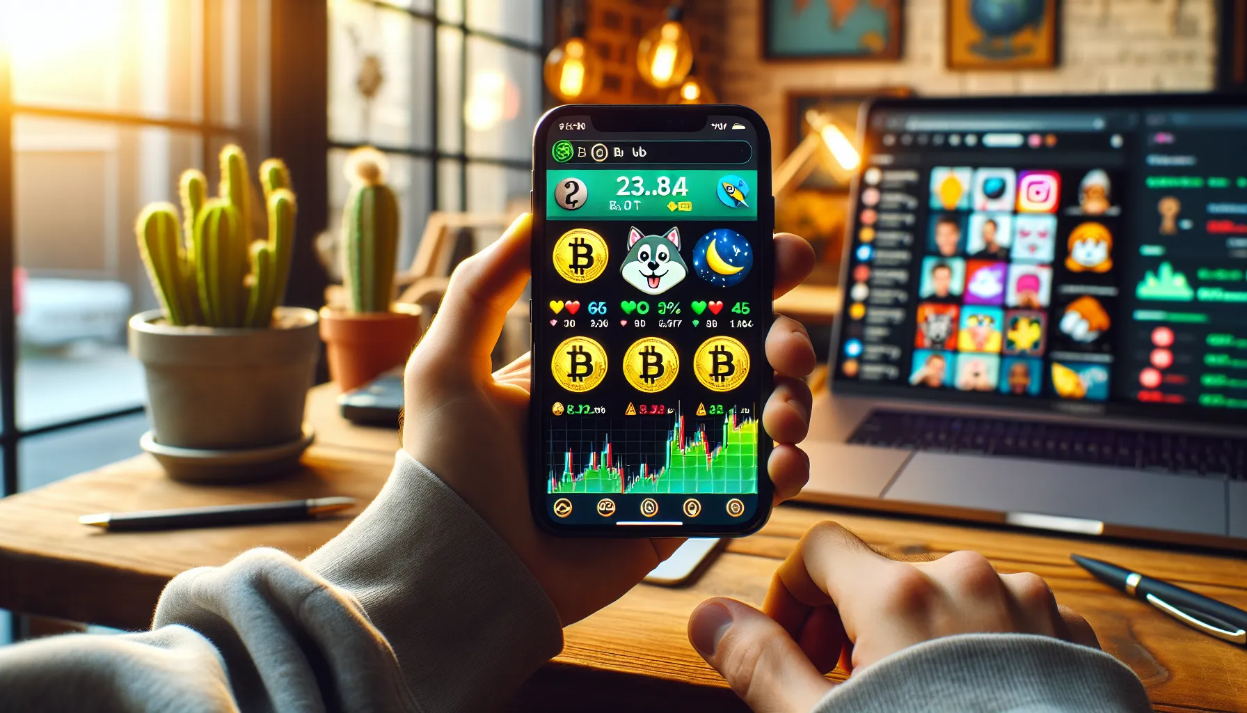 Young adult viewing meme coin trading app on smartphone with crypto charts and cartoon mascot.