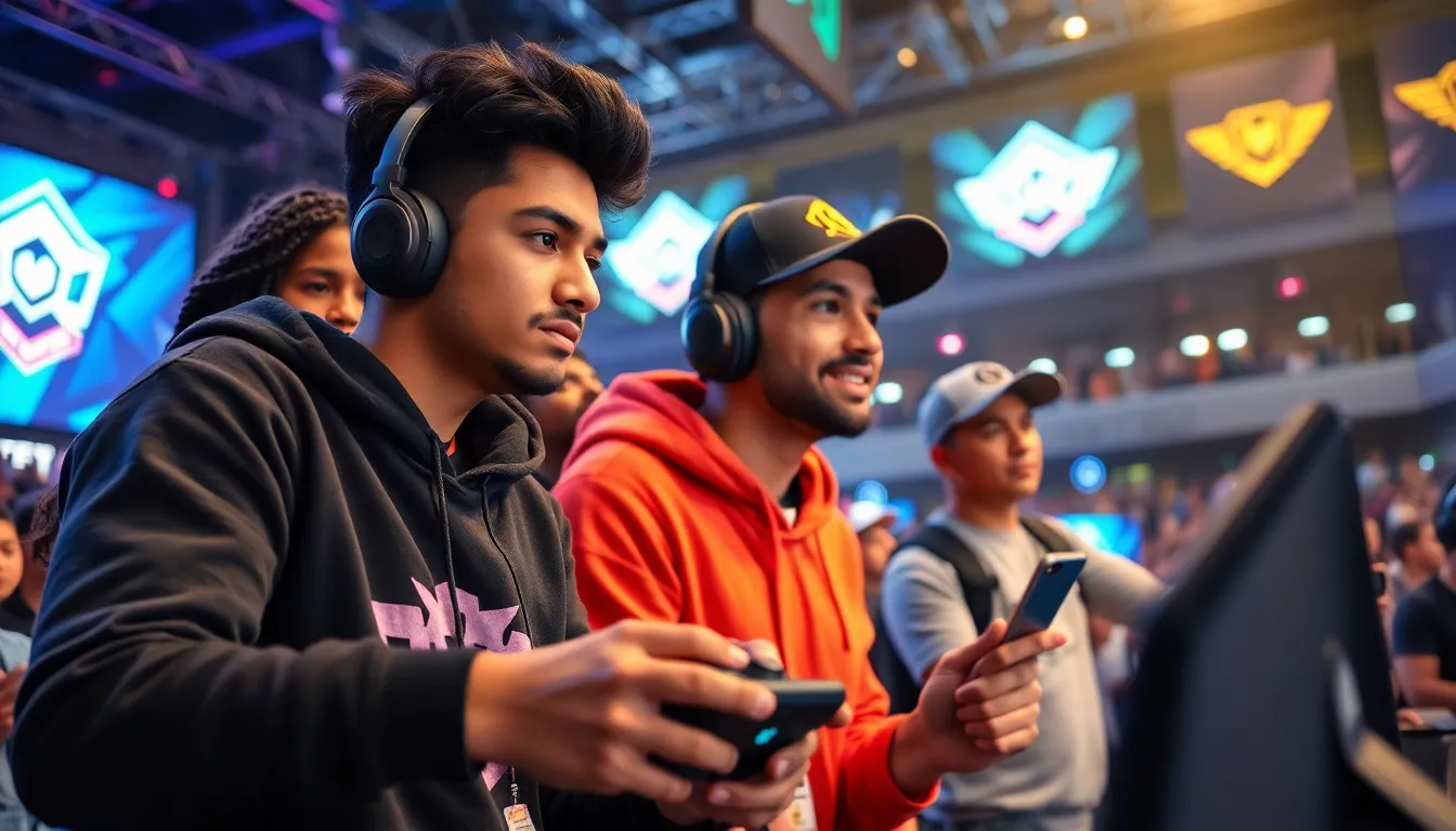 a diverse group of gamers in an exciting e-sports arena.