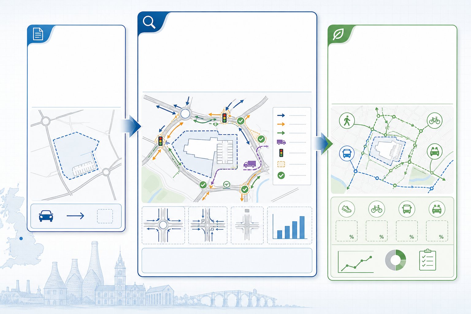 comparison infographic of transport statement, transport assessment, and travel plan.
