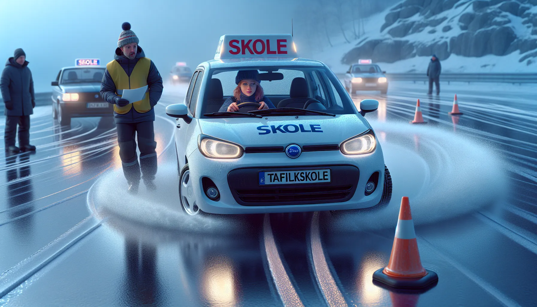 Learner car braking on a wet Norwegian training track at winter dusk.