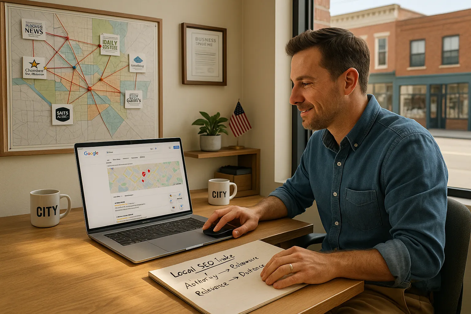 Local SEO Links: How To Build Powerful Local Backlinks That Rank And Convert 3 Small business owner viewing local Google map results and local link connections.