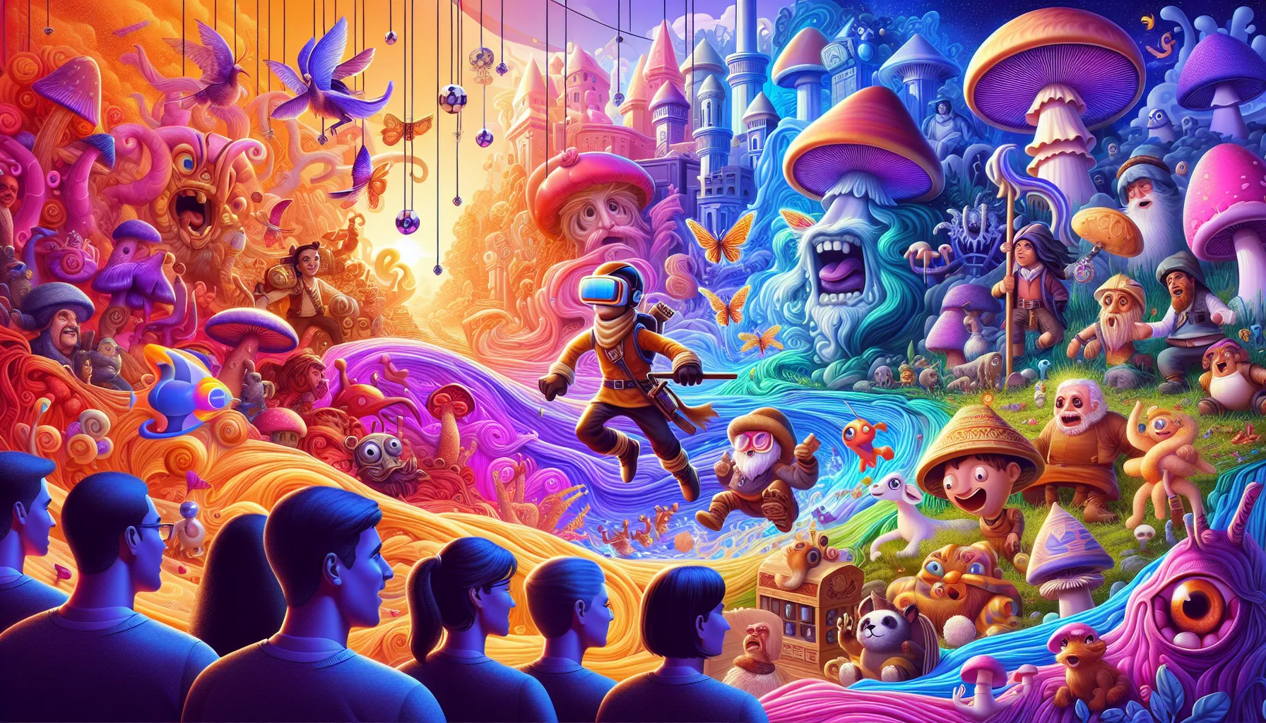 protagonist navigating a whimsical game landscape filled with colorful characters.