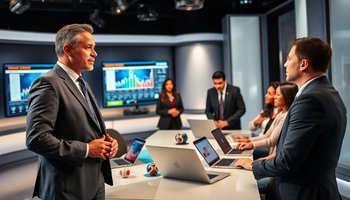 David Jones discussing sports journalism in a modern studio with colleagues.