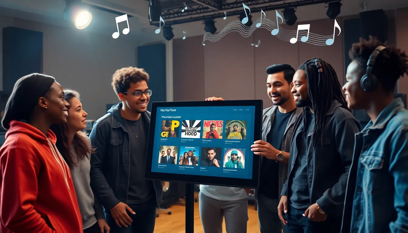 diverse group exploring free hip hop music downloads in a modern studio.