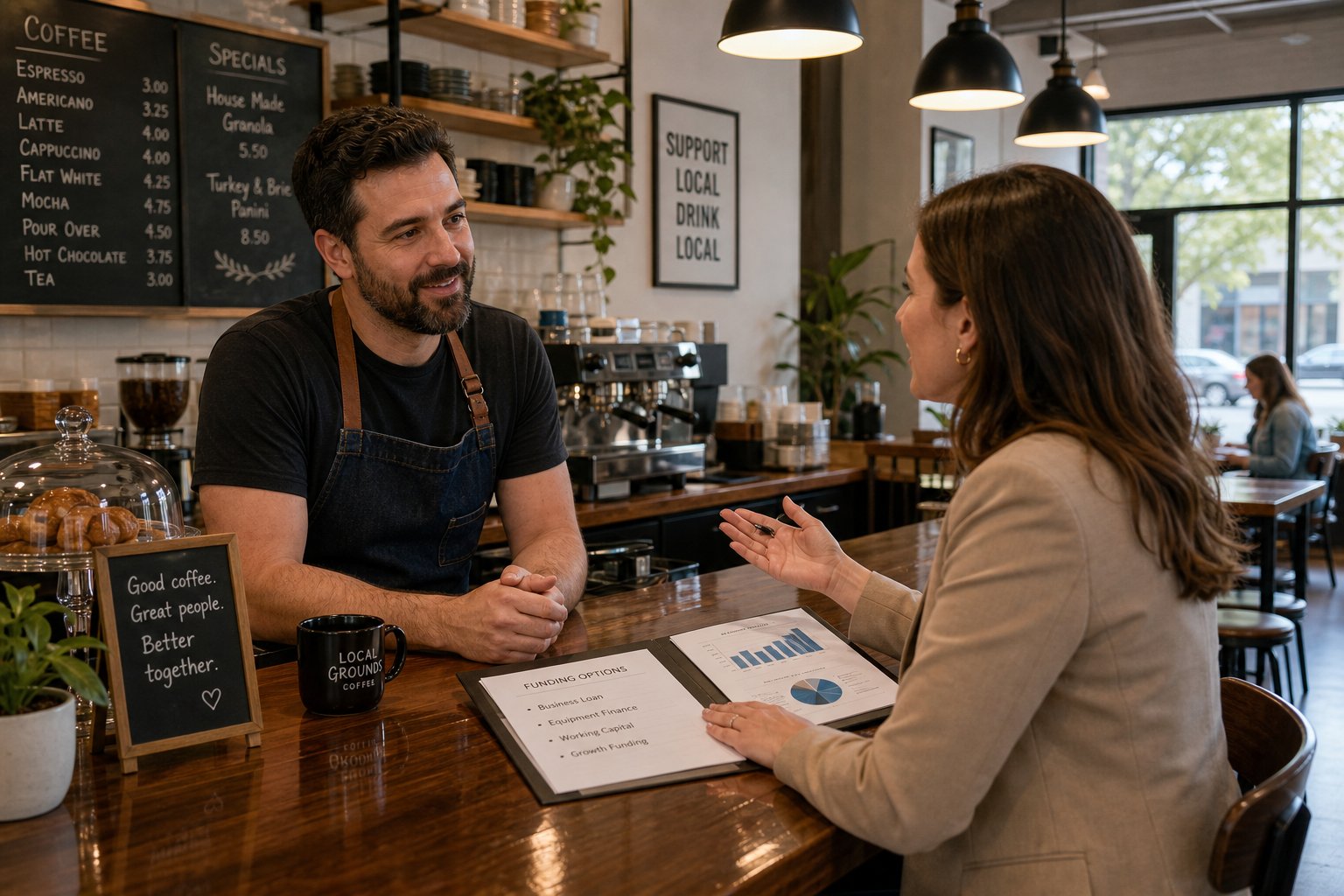 Commercial Mortgages In Haslingden 14 Finance professional discussing commercial mortgage options with a café owner inside the premises.
