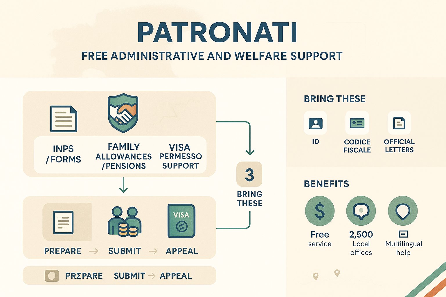 Infografica che mostra i servizi dei patronati, i passaggi, i documenti e l'aiuto locale in Italia.