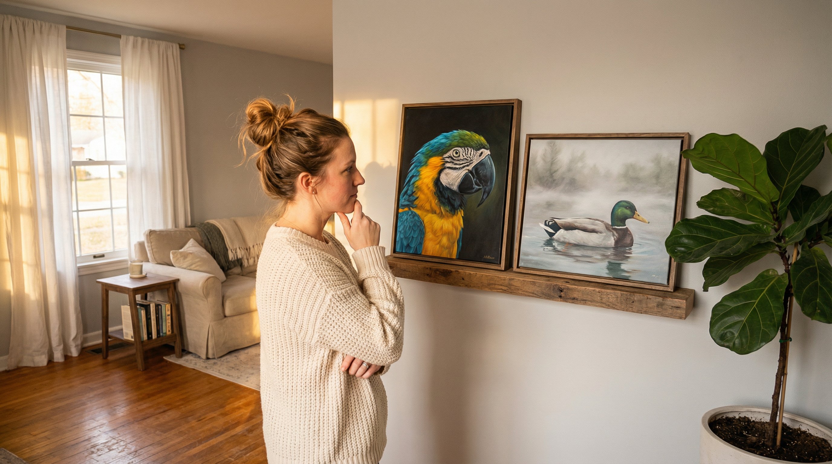Woman comparing two framed bird portrait styles in a sunlit living room.