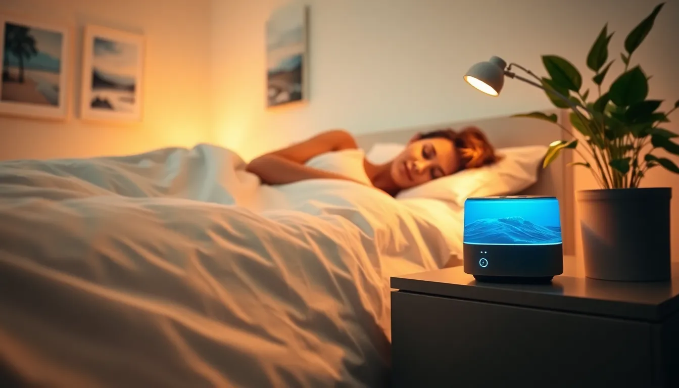 person sleeping peacefully in a tranquil bedroom with sound machine.