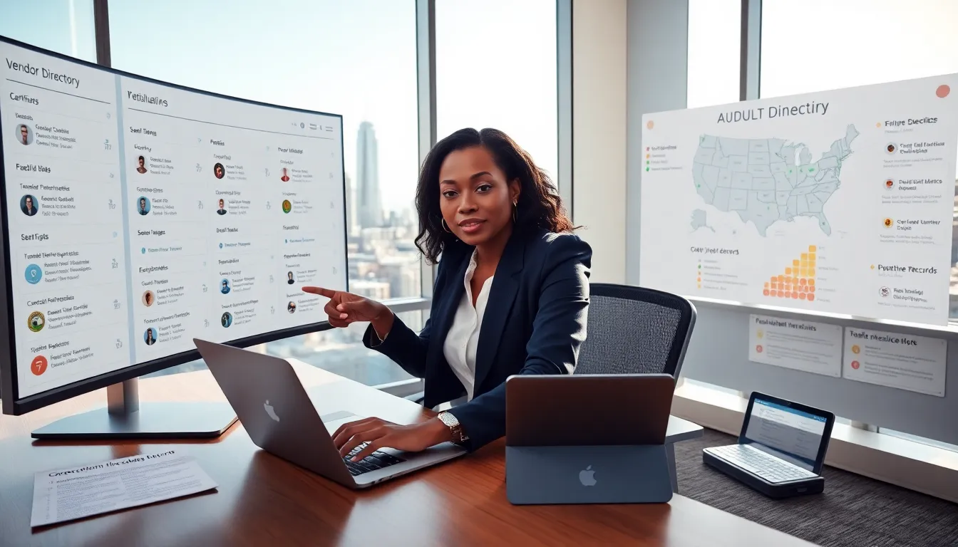 Procurement manager pointing at a vendor directory on a touchscreen monitor.