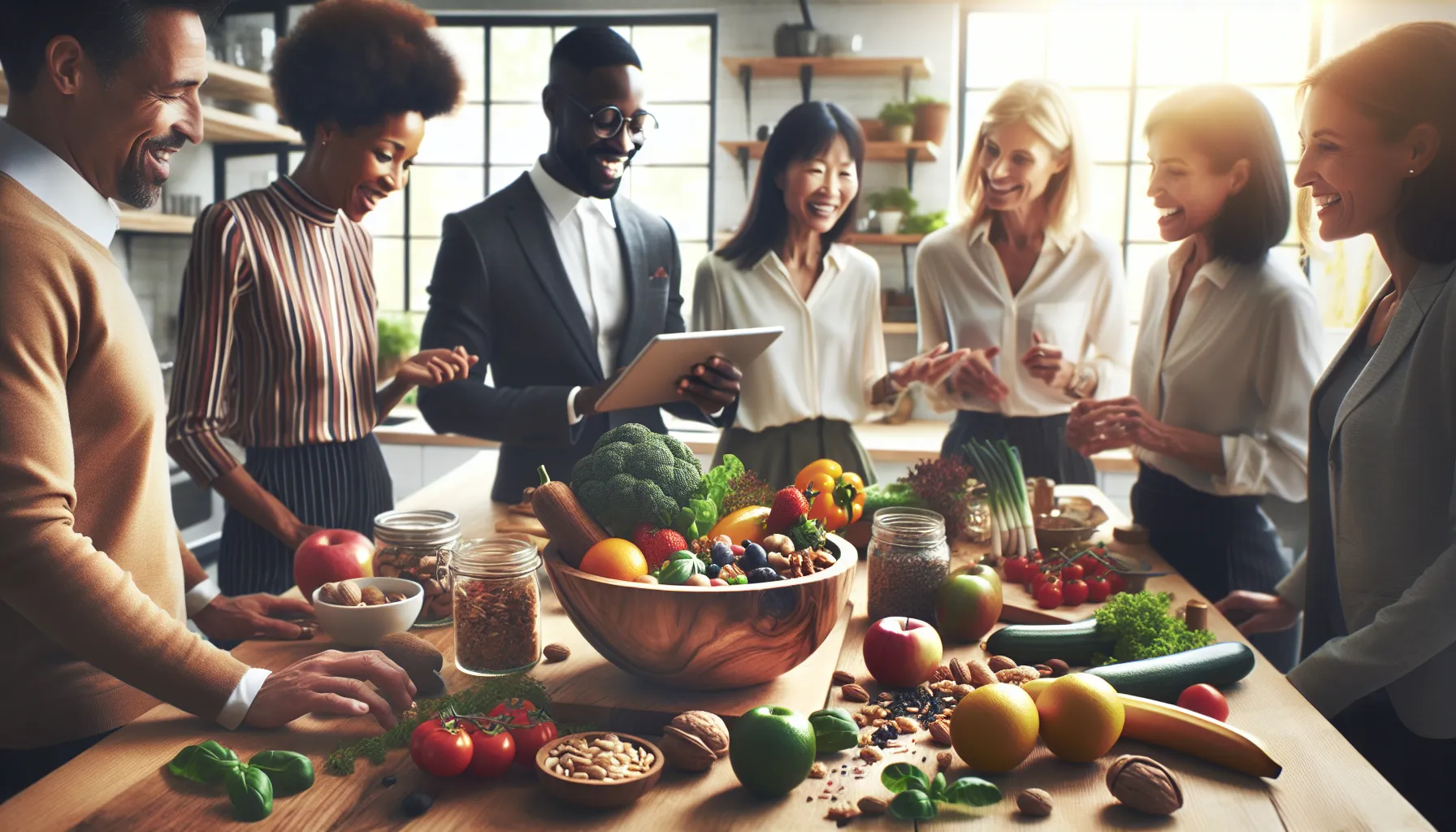 diverse professionals discussing Chaitomin in a modern kitchen.