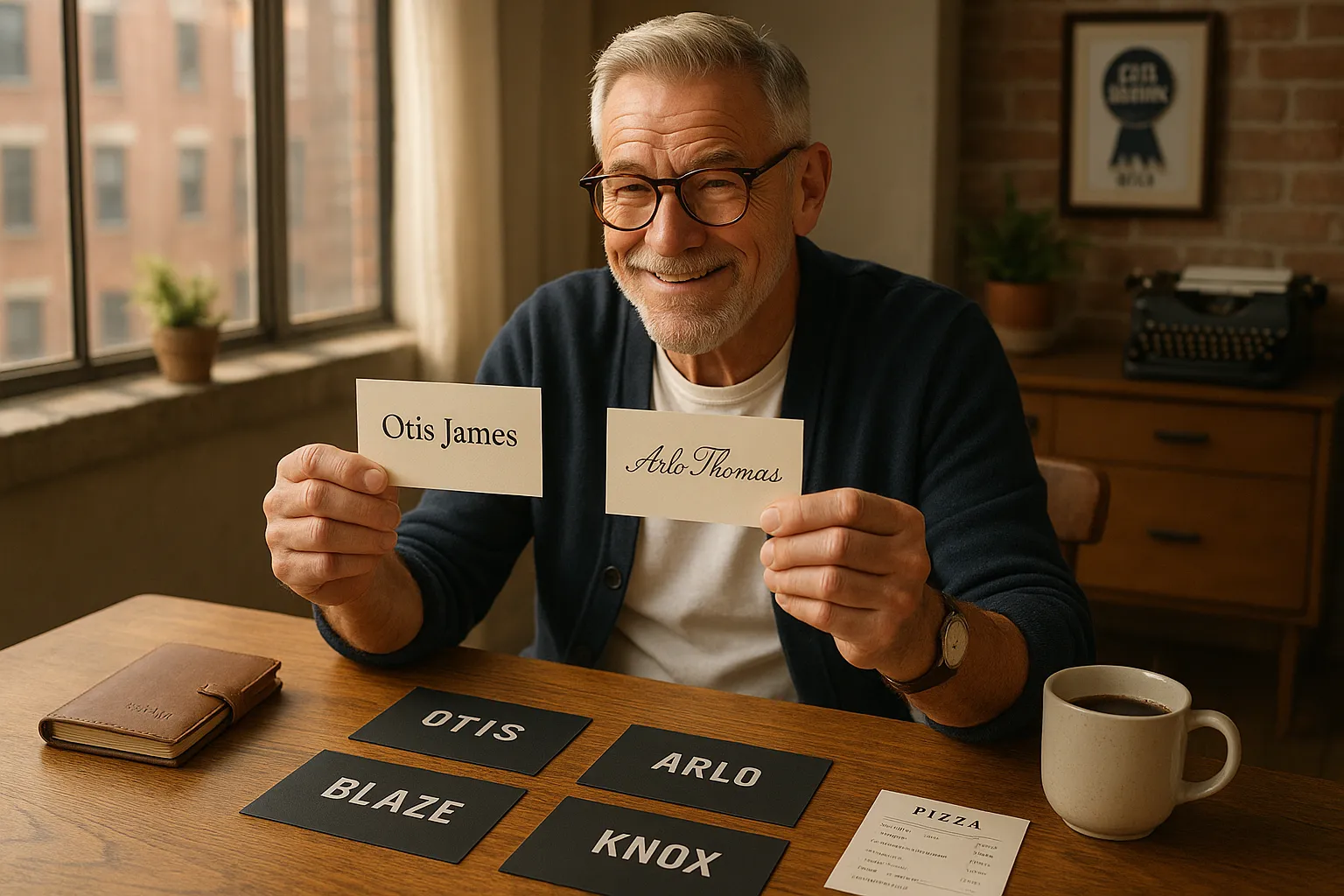 Stylish older man comparing classic and edgy name cards at a sunlit table.