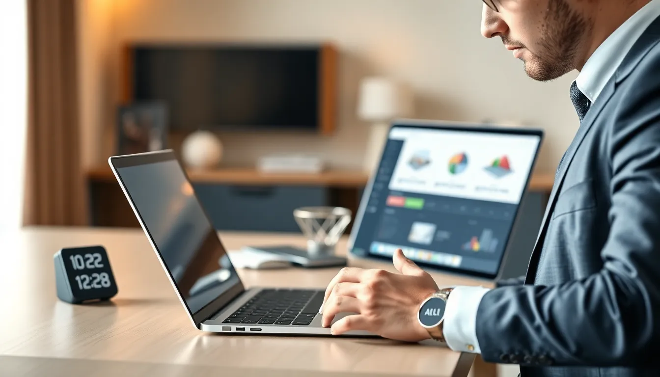 tech professional examining running apps on a modern laptop.