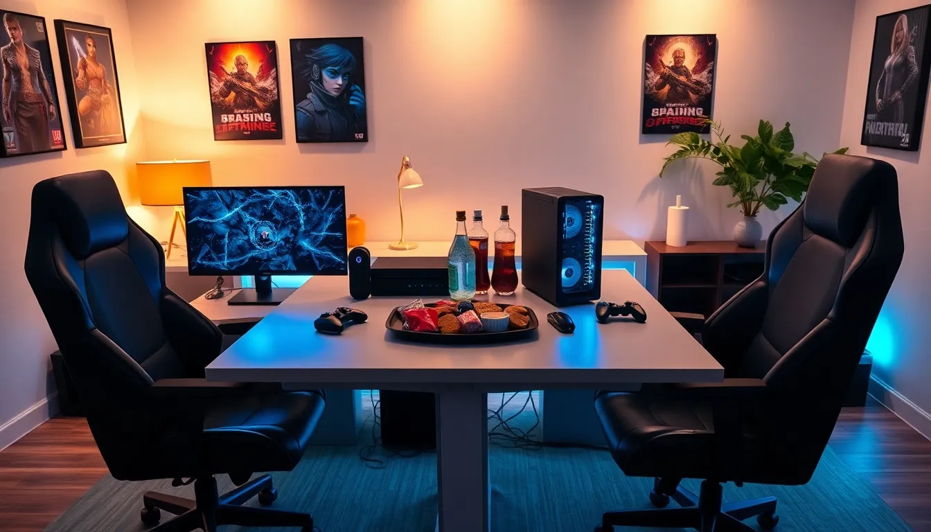 couple's gaming setup with dual PCs and snacks.