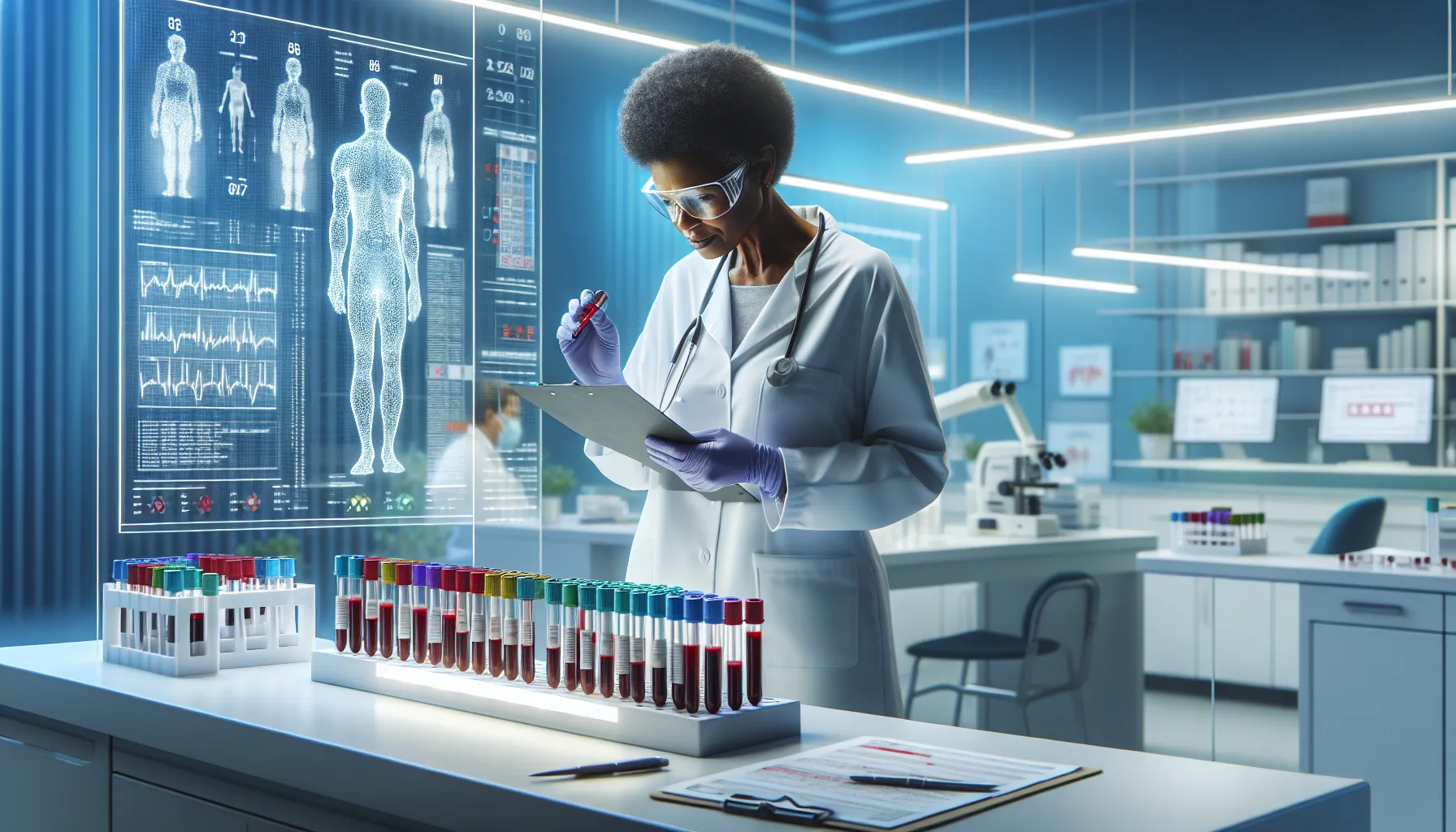 a healthcare worker analyzing blood samples in a modern laboratory.