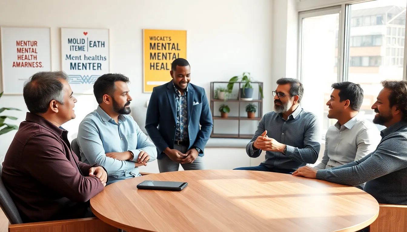 diverse men discussing mental health in a modern office.