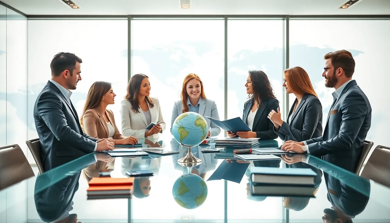 diverse team discussing travel insurance in a modern office.