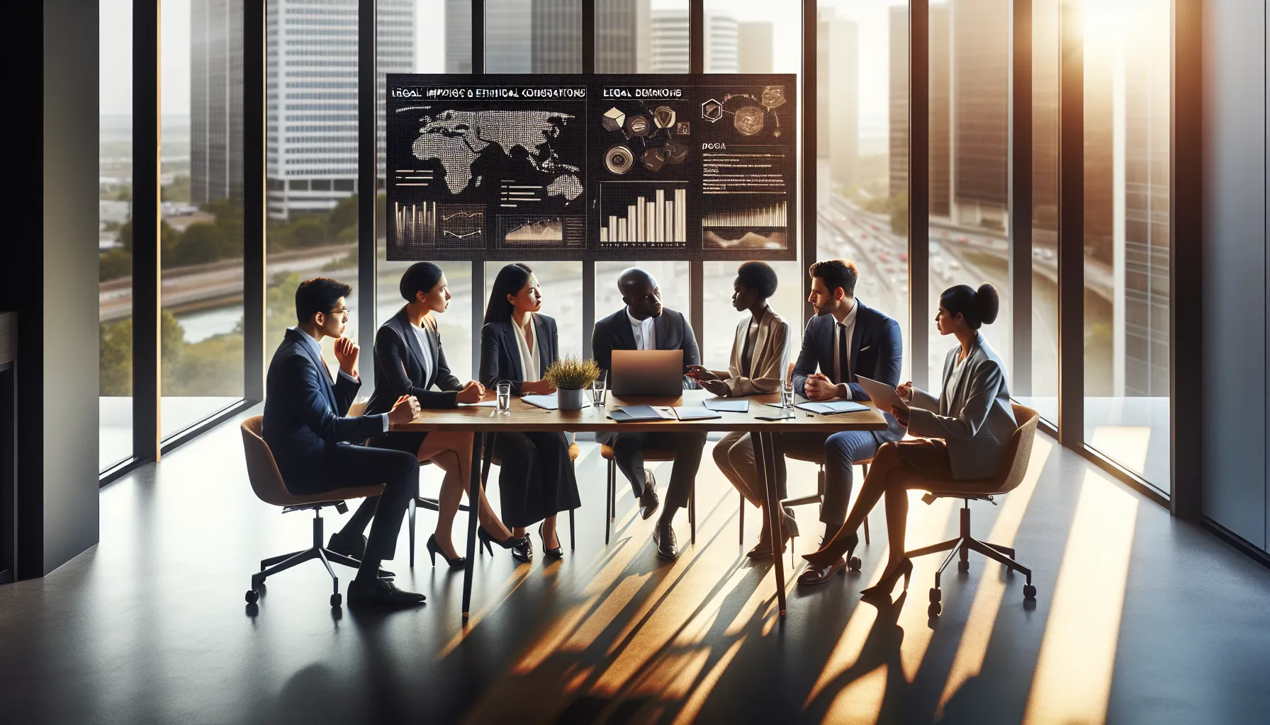 diverse team discussing legal and ethical data usage in a modern office.