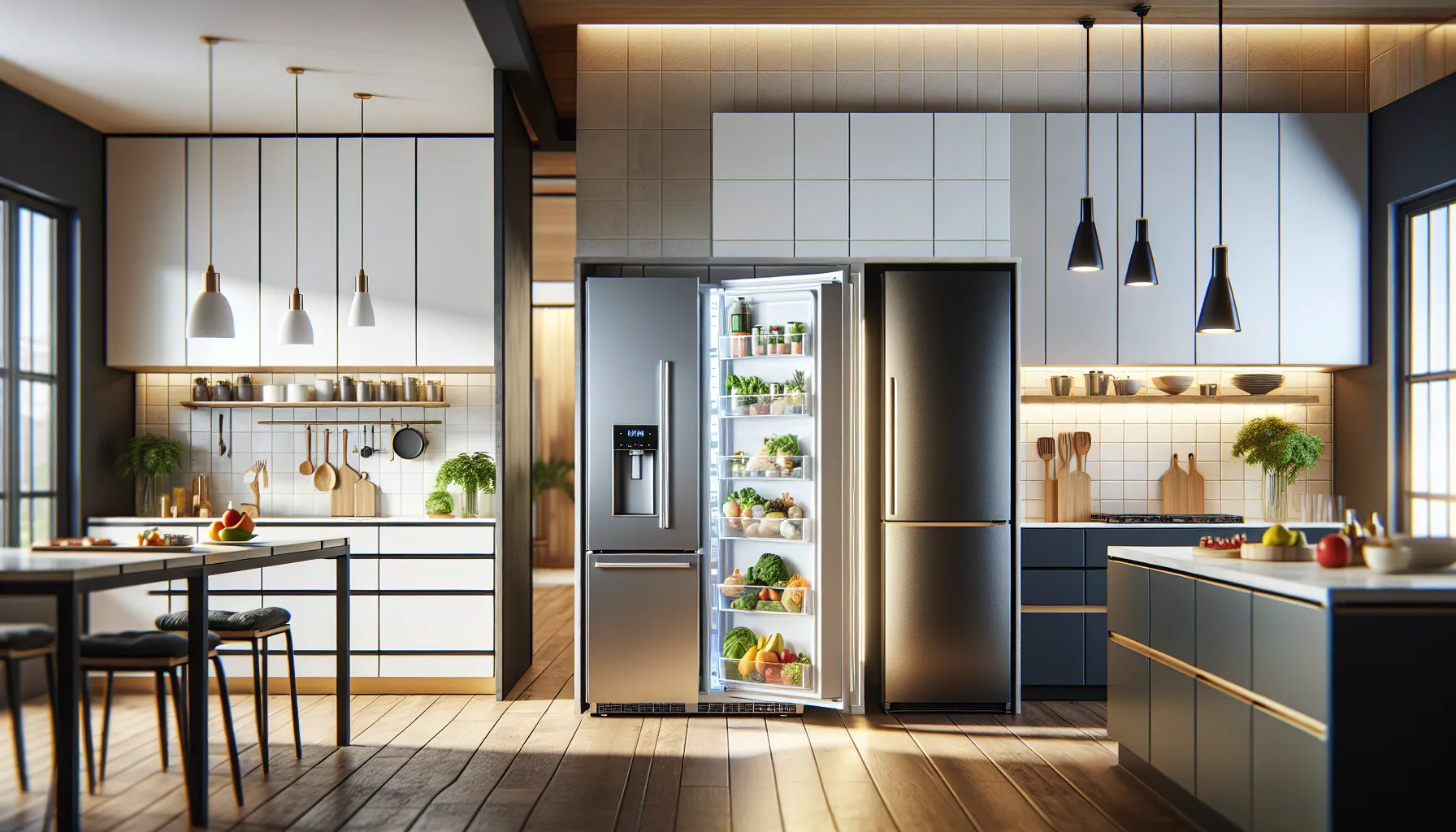 A French Door and Side-by-Side refrigerator open in a bright modern kitchen.
