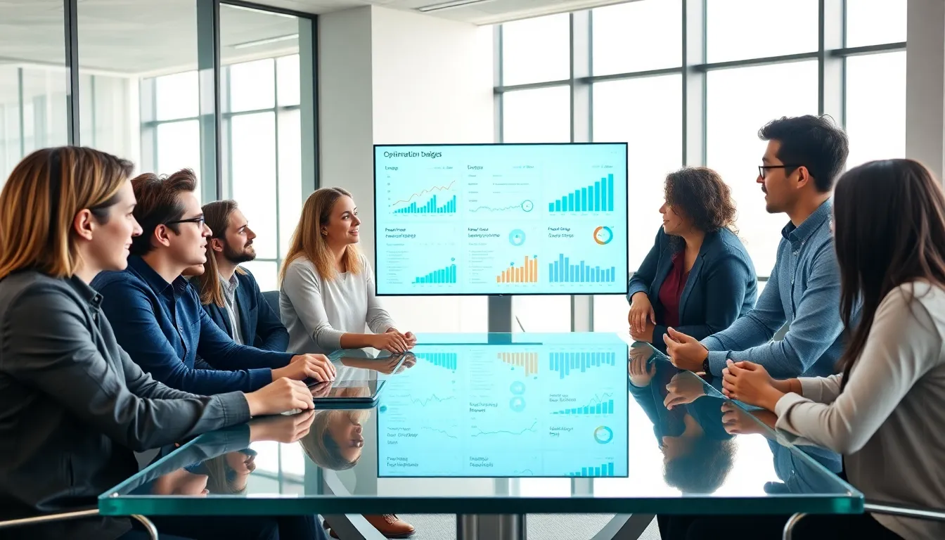 diverse team discussing mobile app optimization in a modern office.