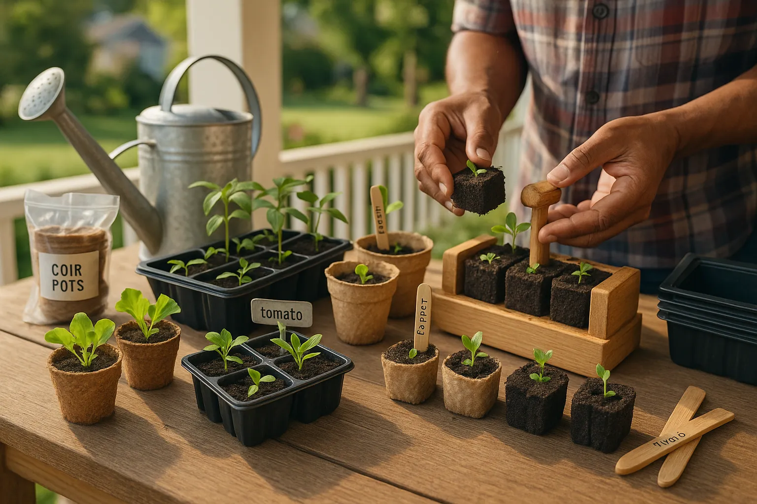 A potting bench showing coir pots, plastic trays, paper pots, and soil blocks.