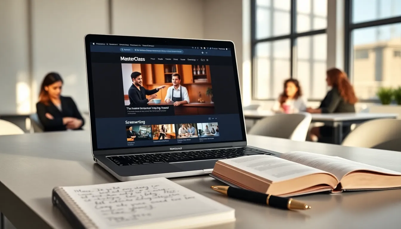 workspace with laptop displaying MasterClass video and learning materials.